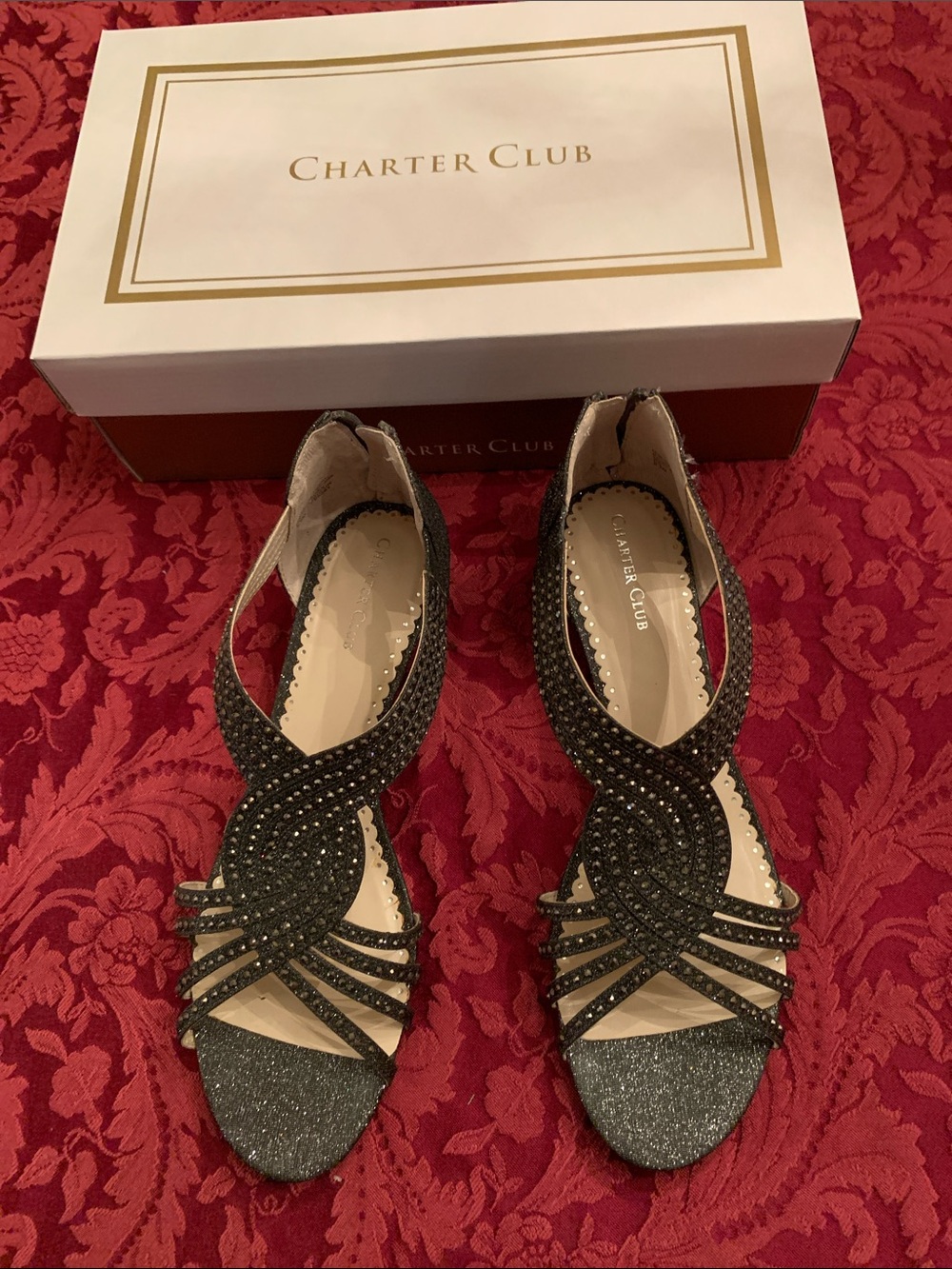 Charter Club Black Glitter Strappy Rhinestone Heels